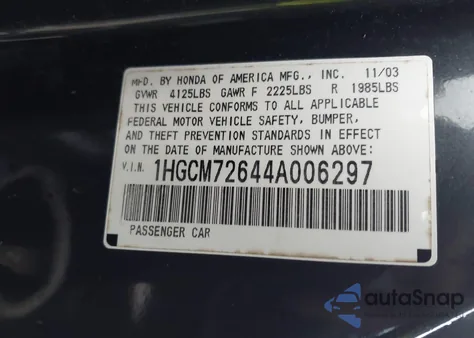 2004 Honda Accord Cpe Ex from USA, damaged, VIN 1HGCM72644A006297